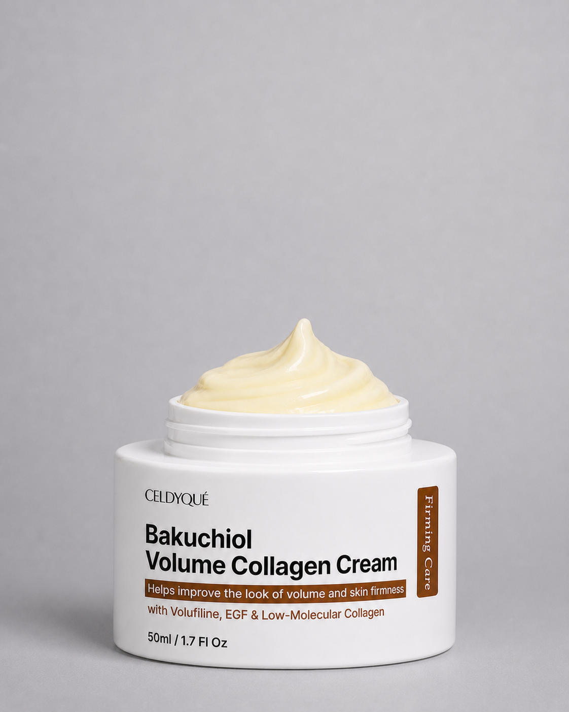 CELDYQUE Bakuchiol Volume Collagen Cream, 50 ml / 1.7 fl oz, open jar with cream texture
