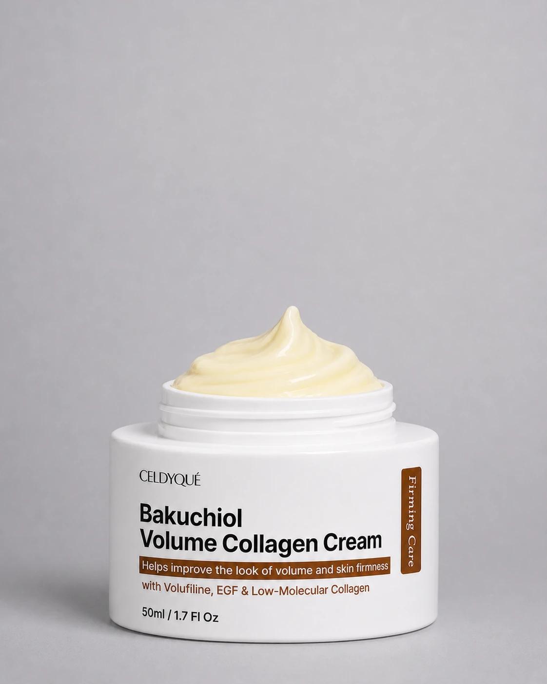 CELDYQUE Bakuchiol Volume Collagen Cream, 50 ml / 1.7 fl oz, open jar with cream texture
