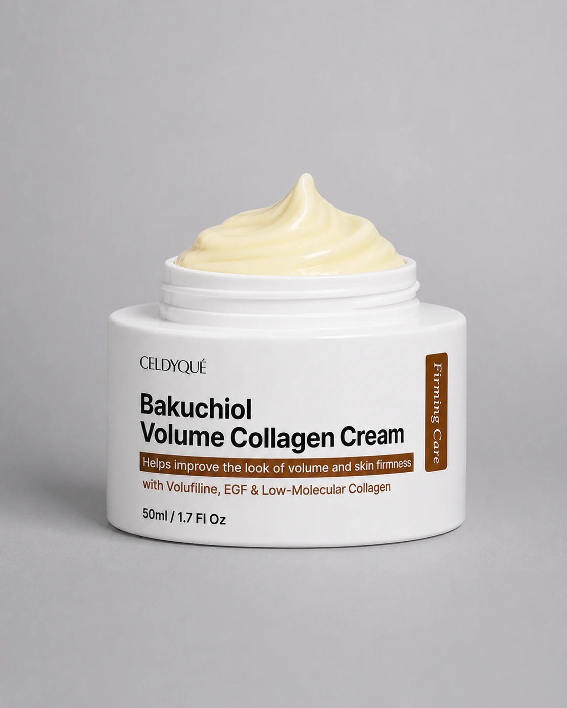 CELDYQUE Bakuchiol Volume Collagen Cream, 50 ml / 1.7 fl oz, open jar with cream texture